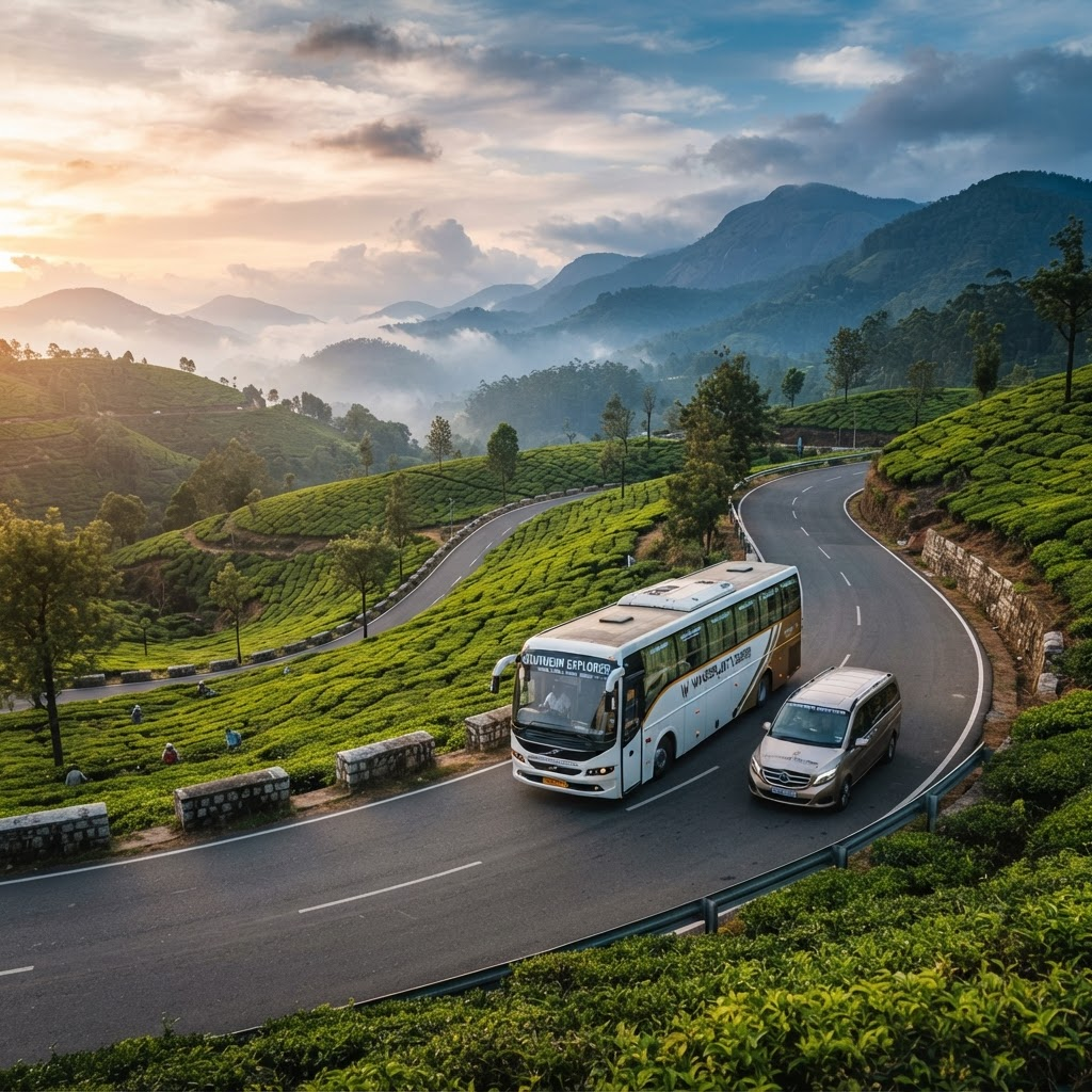 Premium tourist bus travelling through the scenic landscape of Tamil Nadu